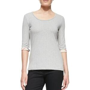 Burberry Brit Women's Nova Check Trim Cuff Cotton Top in Grey Melange Sz XS